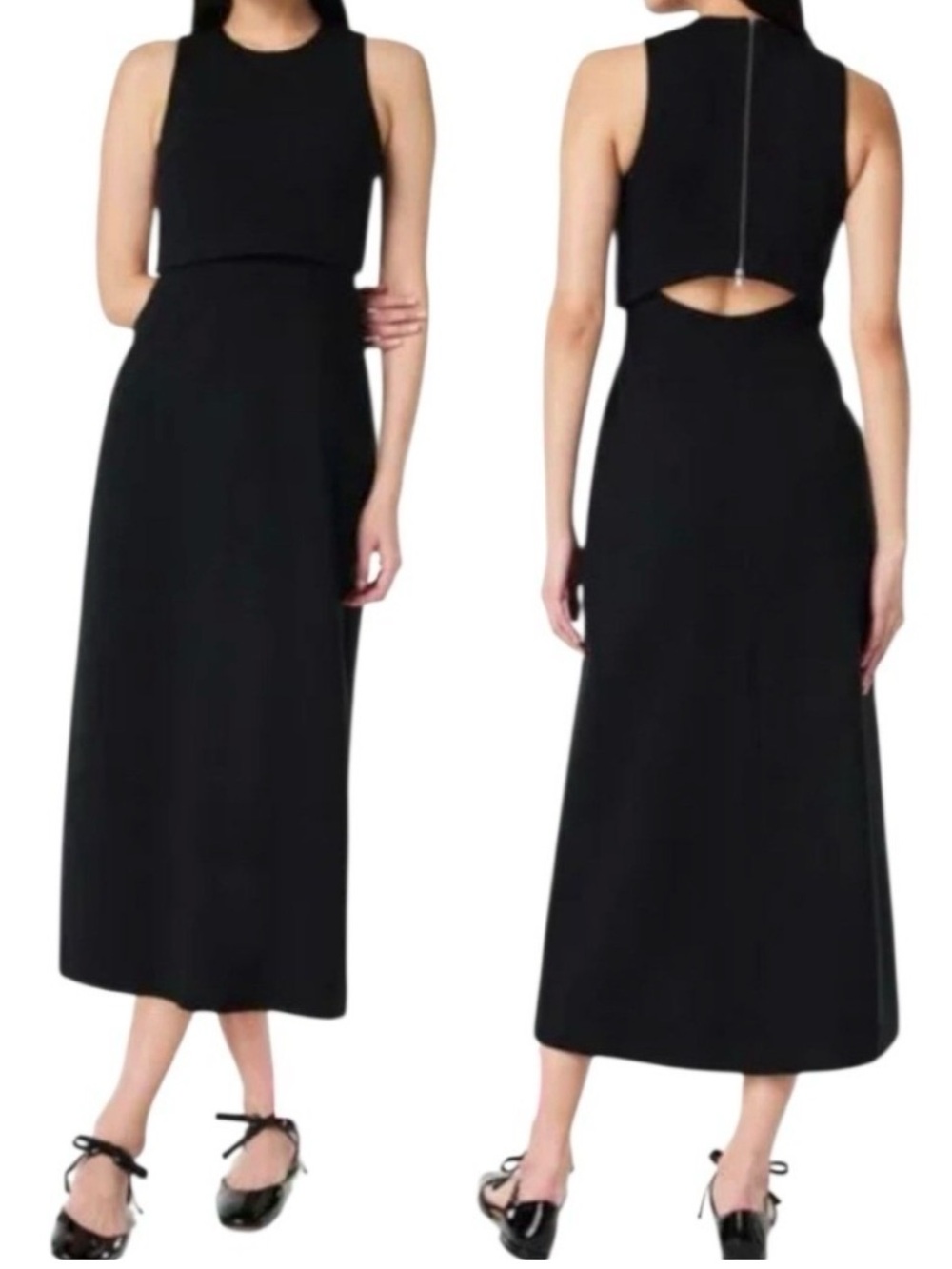 Spanx Ponte Black Overlay Fitted Cutout Back Sleeveless Midi Dress Size 1X